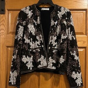 Zara Black, White, & Gold  Sequin Open Front Cardigan Size Medium NWT